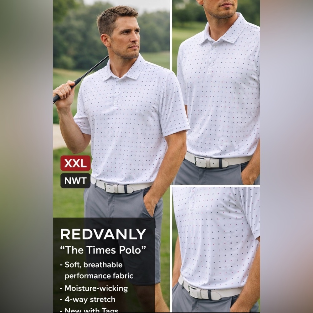 Redvanly “The Times Polo” Men’s XXL White Performance Stretch Golf Shirt NWT
